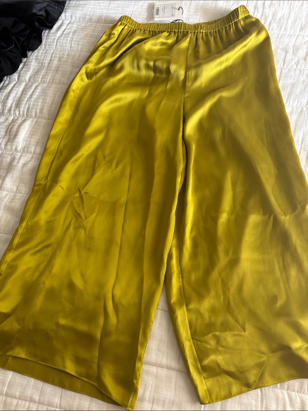 Theory Satin Wide-Leg Pants in Olive Chartreuse